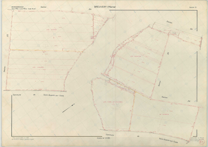 Breuvery-sur-Coole (51087). Section ZI échelle 1/2000, plan remembré pour 1974, plan régulier (papier armé)