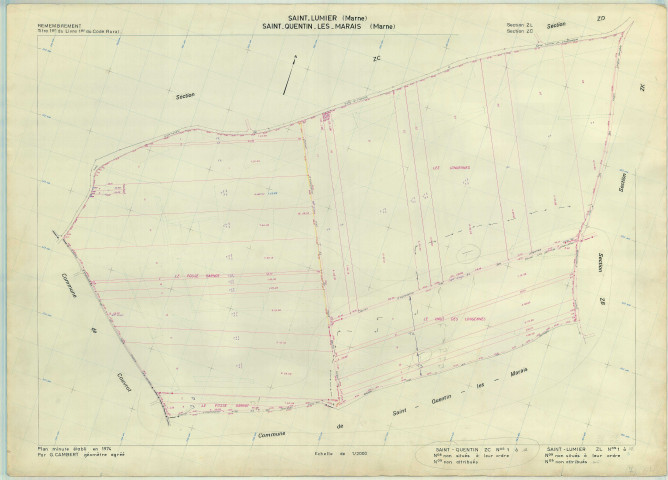 Saint-Lumier-en-Champagne (51496). Section ZL échelle 1/2000, plan remembré pour 1974 (extension sur Saint-Quentin-les-Marais section ZC), plan régulier (papier armé)