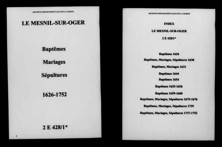 Mesnil-sur-Oger (Le). Baptêmes, mariages, sépultures 1626-1752