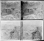 Argonne 1916. Pièce de 155 en action (vue 1). Bezonvaux. Les Caurrières. Tranchée remplie de cadavres (vue 2)