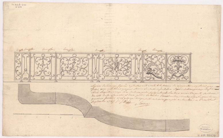 Châlons-sur-Marne. Nouveau bâtiment de l'hôtel Dieu : dessin des rampes de deux escalliers, du perron et de la table de communion, 1738.
