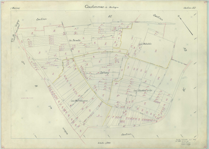 Coulommes-la-Montagne (51177). Section AD échelle 1/1000, plan renouvelé pour 1963, plan régulier (papier armé).