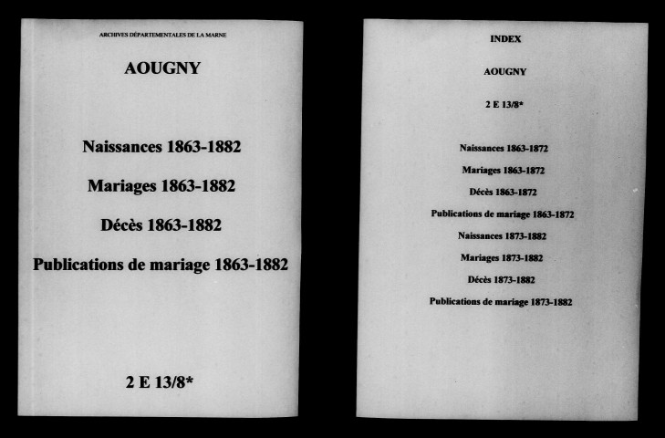 Aougny. Naissances, mariages, décès, publications de mariage 1863-1882