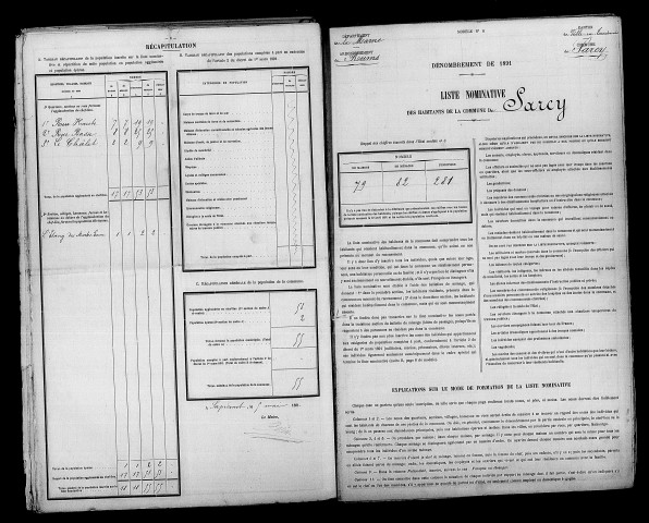 Sarcy. Dénombrement de la population 1891