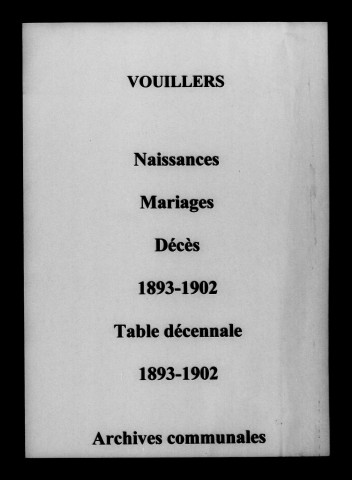 Vouillers. Naissances, mariages, décès et tables décennales des naissances, mariages, décès 1893-1902