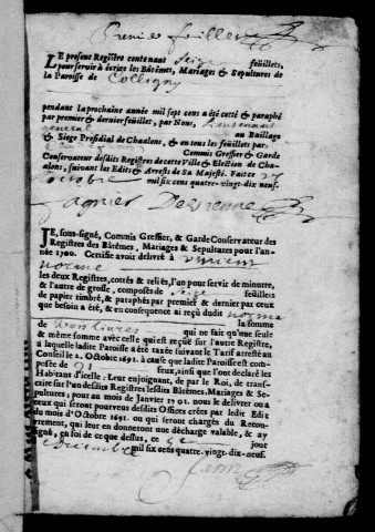 Coligny. Baptêmes, mariages, sépultures 1700