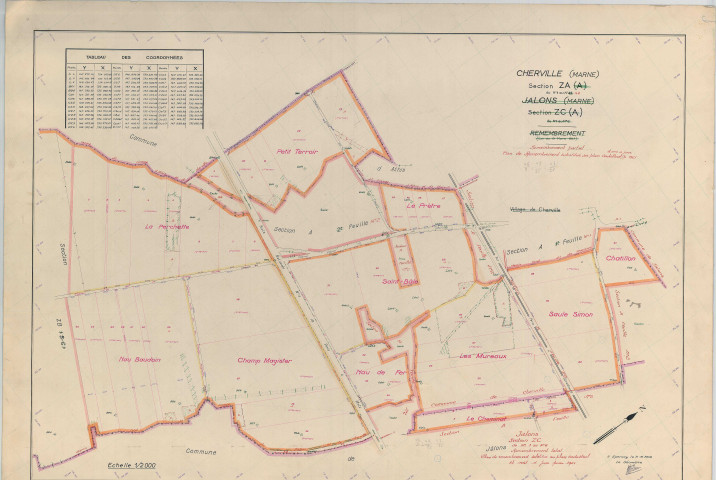 Cherville (51150). Section ZA échelle 1/2000, plan remembré pour 1961 (extension sur Jâlons section ZC), plan régulier (papier armé)
