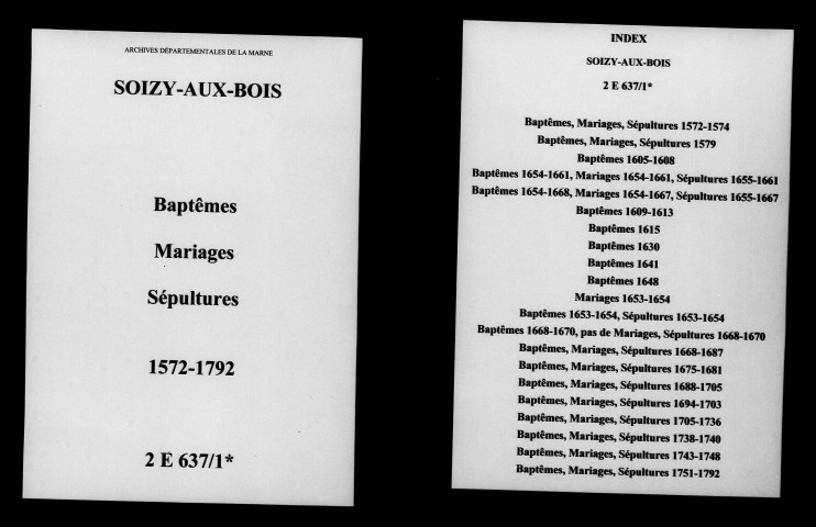 Soizy-aux-Bois. Baptêmes, mariages, sépultures 1572-1792