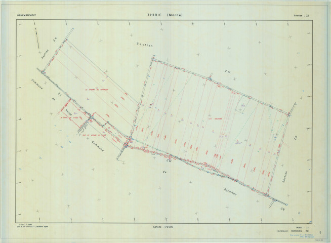 Thibie (51566). Section ZI échelle 1/2000, plan remembré pour 1987 (extension sur Germinon section ZM), plan régulier (calque)