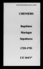 Cheniers. Baptêmes, mariages, sépultures 1729-1792