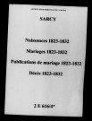 Sarcy. Naissances, mariages, publications de mariage, décès 1823-1832