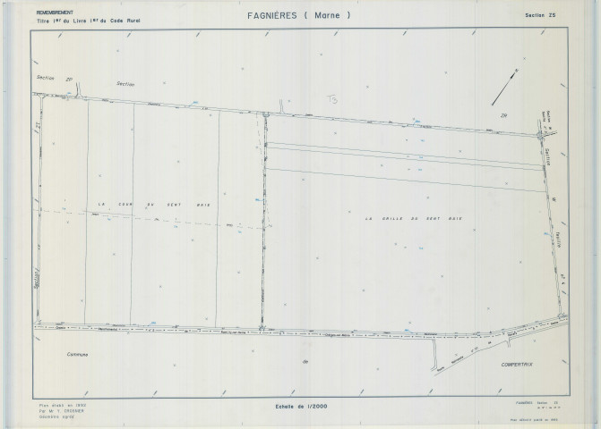 Fagnières (51242). Section ZS échelle 1/2000, plan remembré pour 1992, plan régulier (calque)