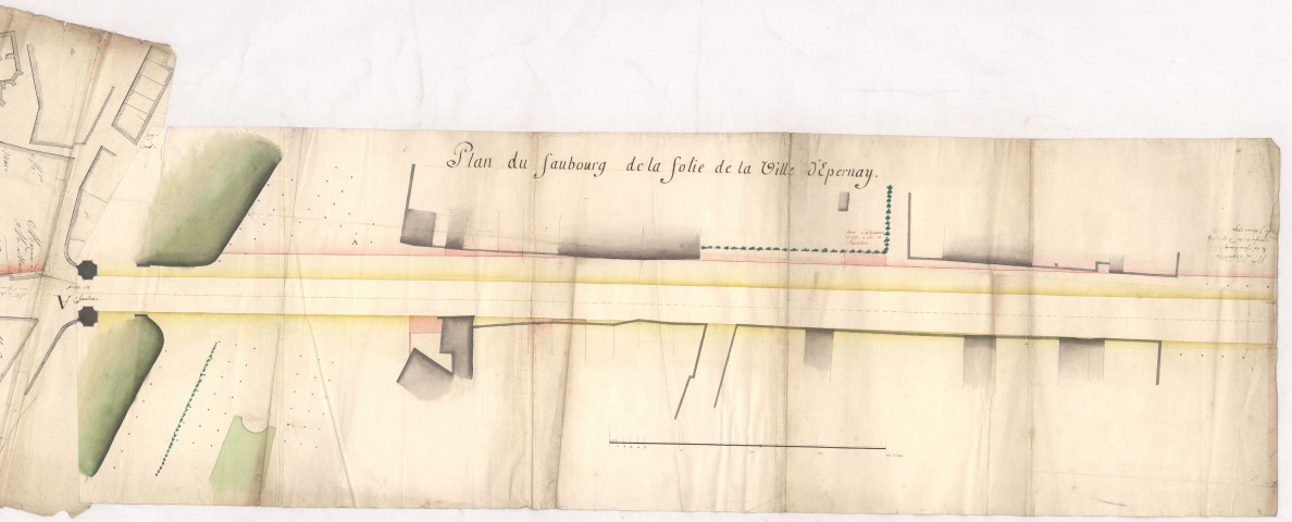 Extrait du plan général de la ville d'Epernay contenant la traverse du faubourg Saint-Laurent et du faubourg de la Folie, 1770.