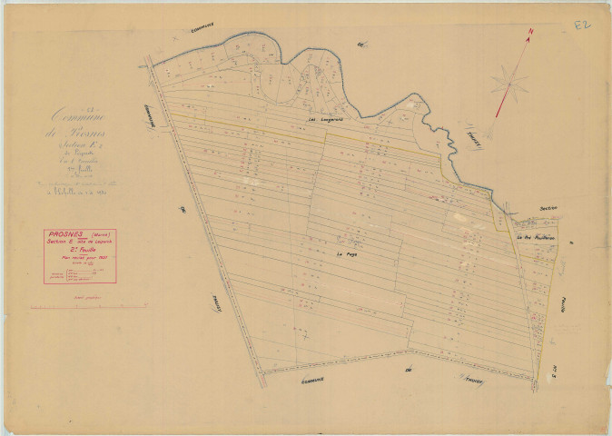 Prosnes (51447). Section E2 échelle 1/1250, plan mis à jour pour 1937, plan non régulier (papier).