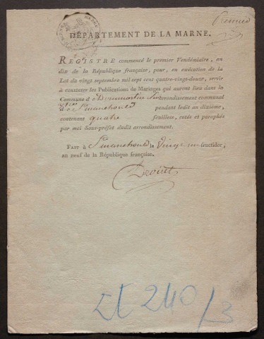 Dommartin-sur-Yèvre. Publications de mariage an X-1927