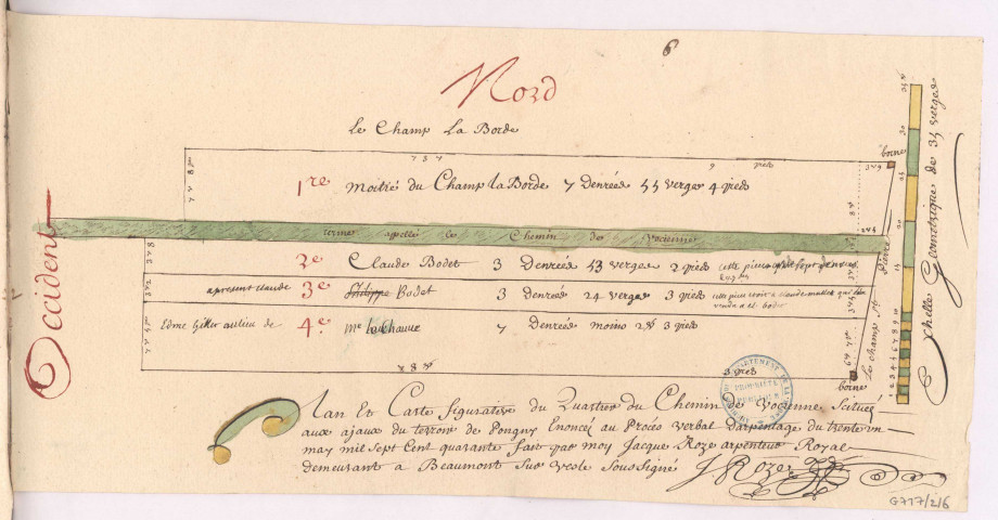 Pogny, plan des contrées dites des communes levé par Jacques Roze, 1742. Plan et carte figurative du chemin de Vocienne.