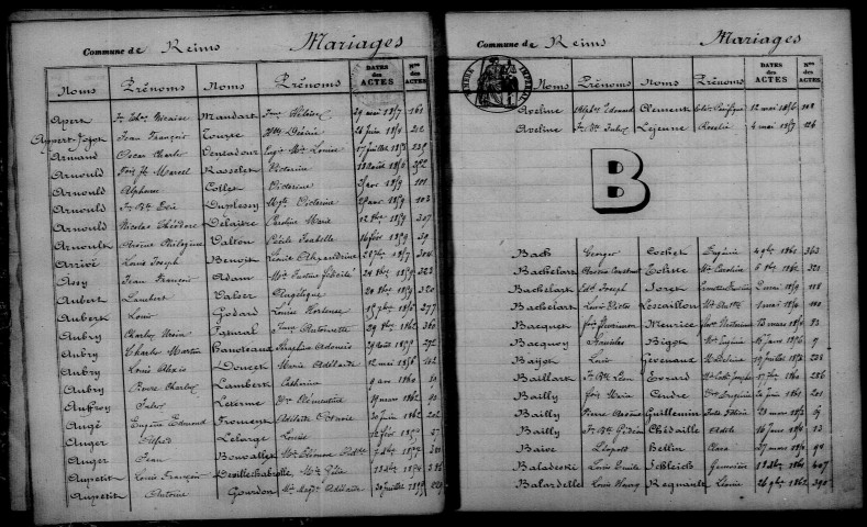 Reims. Table décennale. Mariages, décès 1853-1862