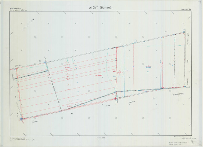 Aigny (51003). Section ZX échelle 1/2000, plan remembré pour 1992, plan régulier (calque)