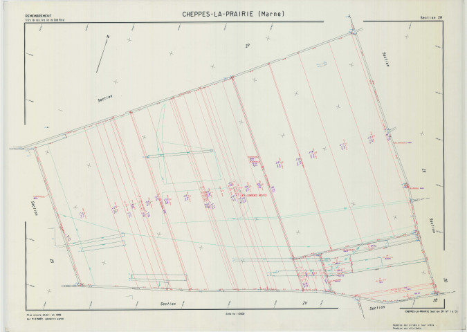 Cheppes-la-Prairie (51148). Section ZR échelle 1/2000, plan remembré pour 1989, plan régulier (calque)