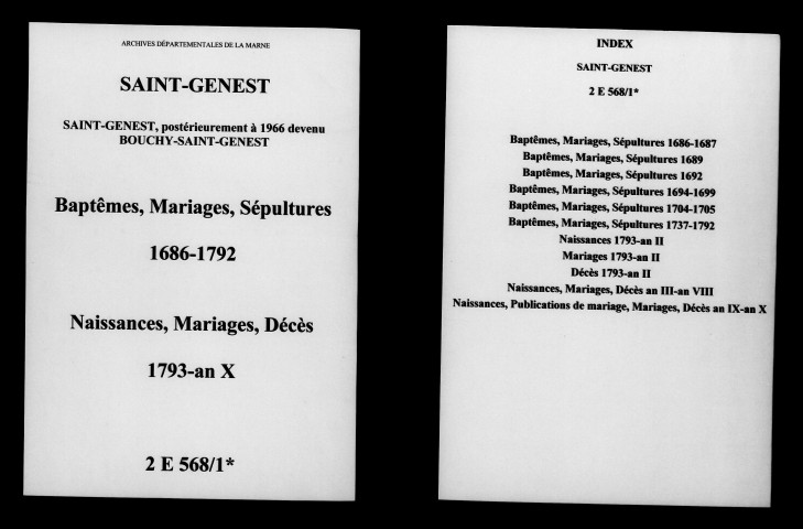 Saint-Genest. Baptêmes, mariages, sépultures puis naissances, mariages, décès 1686-an X