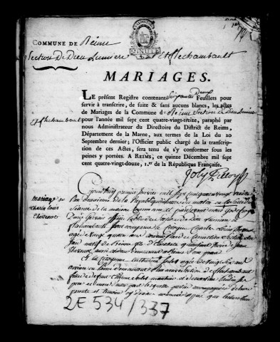 Reims. 3ème arrondissement. Mariages, divorces 1793-an IV