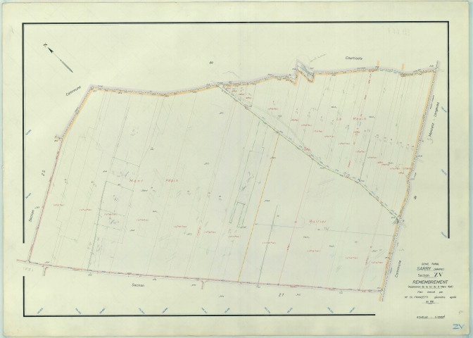 Sarry (51525). Section ZV échelle 1/2000, plan remembré pour 1968, plan régulier (papier armé)