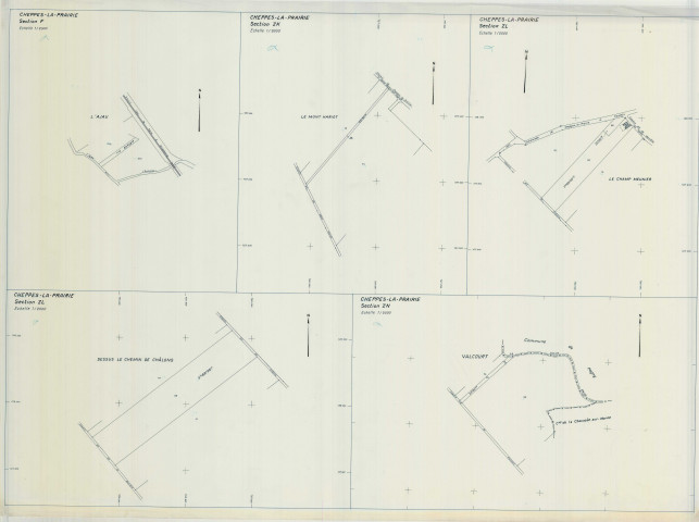 Cheppes-la-Prairie (51148). Section F ZK ZL ZN échelle 1/2000, plan remembré pour 1989 (conient partie de la section F2 et sections ZK, ZL, ZN), plan régulier (calque)