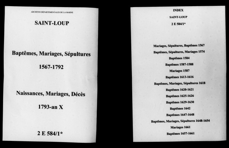 Saint-Loup. Baptêmes, mariages, sépultures puis naissances, mariages, décès 1567-an X