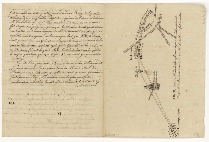 Route n°51 de Givet à Orléans. Lettre de Montmort sur le tracé à la sortie de La Caure, 1782