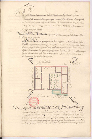 Plan et arpentage d'une maison et de ses dépendances située à Trois-Puits (1745), Claude Dudin