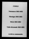 Coole. Naissances, mariages, décès et tables décennales des naissances, mariages, décès 1843-1852