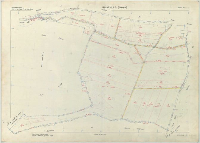 Binarville (51062). Section ZD échelle 1/2000, plan remembré pour 1975, plan régulier (papier armé)