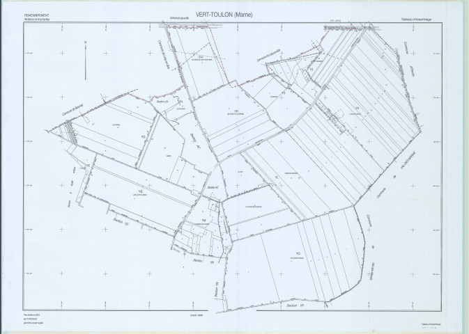 Vert-Toulon (51611). Tableau d'assemblage échelle 1/5000, plan remembré pour 2010, plan régulier (papier)