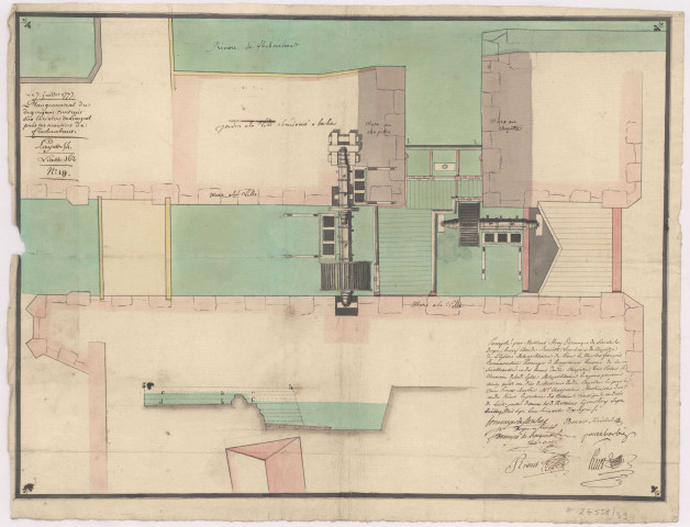 Plan géométral du dégorgeoir construit sur la rivière de Longeot près des moulins de Fléchambault, à Reims (1777)