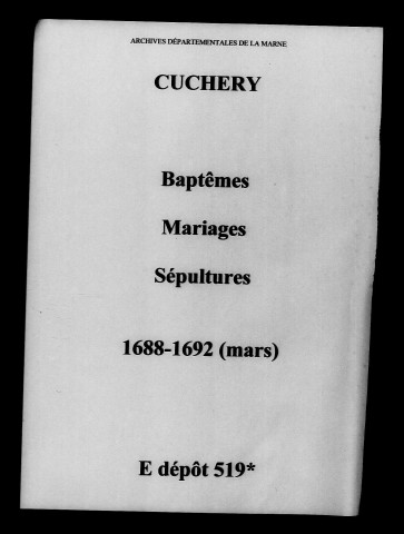 Cuchery. Baptêmes, mariages, sépultures 1688-1692