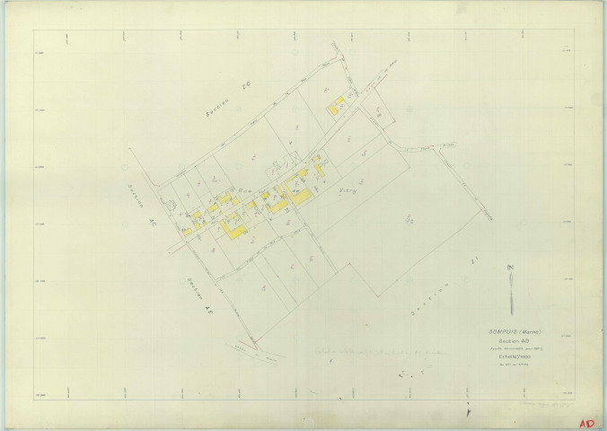 Sompuis (51550). Section AD échelle 1/1000, plan renouvelé pour 1962, plan régulier (papier armé)