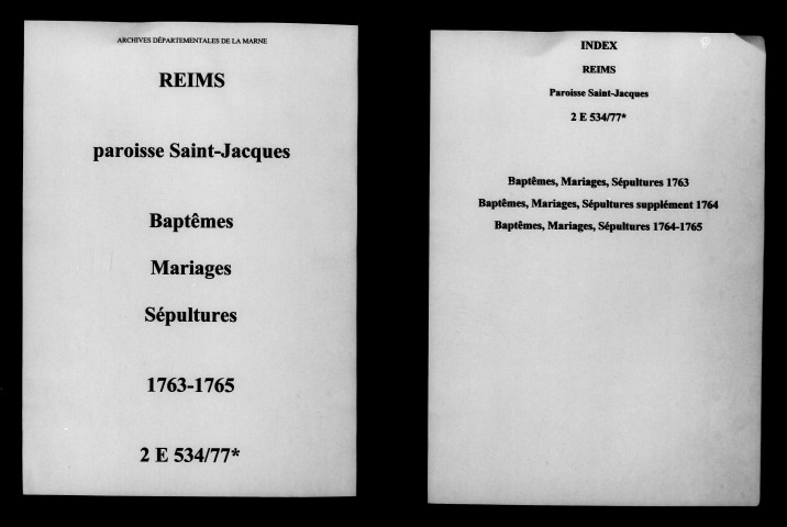 Reims. Saint-Jacques. Baptêmes, mariages, sépultures 1763-1765