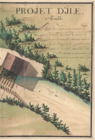 Projet d'Ile 2ème feuille. Plan du pont à construire en pierre de taille sur la rivière de Suippe et sous la nouvelle chaussée dans la traverse du village d'Ile, XVIIIè s.