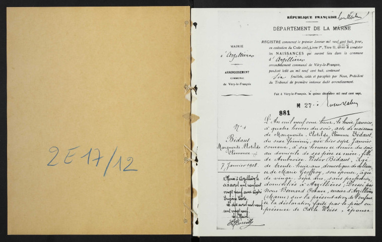 Arzillières. Naissances, mariages, décès 1908-1916 (reconstitutions)