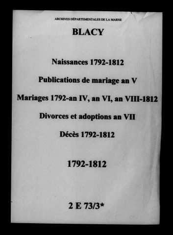 Blacy. Naissances, mariages, décès 1792-1812