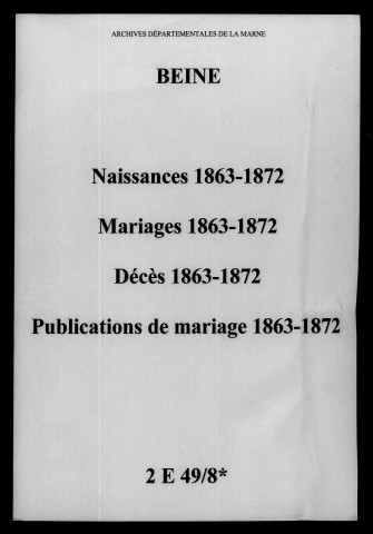 Beine. Naissances, mariages, décès, publications de mariage 1863-1872