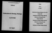Vinay. Publications de mariage, mariages an XI-1862