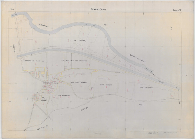 Cormicy (51171). Section AE 2 échelle 1/2000, plan renouvelé pour 1957, ancienne commune de Gernicourt (02344), plan régulier (papier).