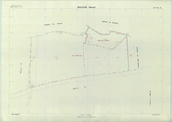Bouleuse (51073). Section ZD échelle 1/2000, plan remembré pour 1980, plan régulier (papier armé).