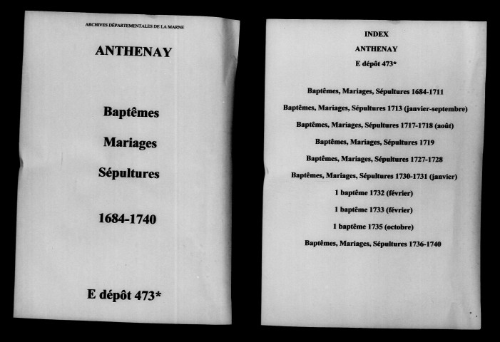 Anthenay. Baptêmes, mariages, sépultures 1684-1740