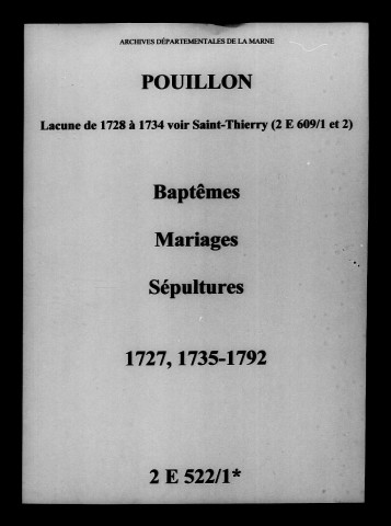Pouillon. Baptêmes, mariages, sépultures 1727-1792