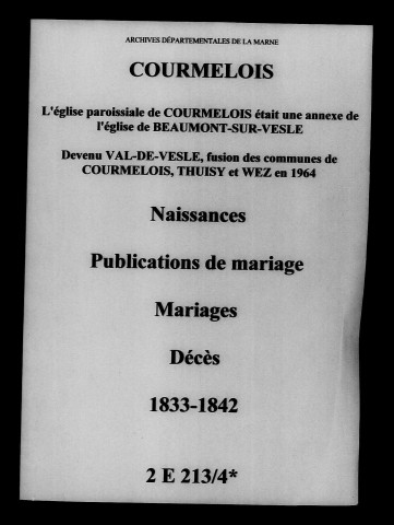 Courmelois. Naissances, publications de mariage, mariages, décès 1833-1842