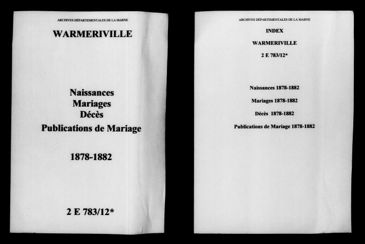 Warmeriville. Naissances, mariages, décès, publications de mariage 1878-1882