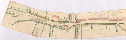 Route n° 31 de Rouen à Reims. Reconstruction des ponts de la porte de Vesle, 1773. Plan du faubourg de Vesle à l'entrée de Reims.