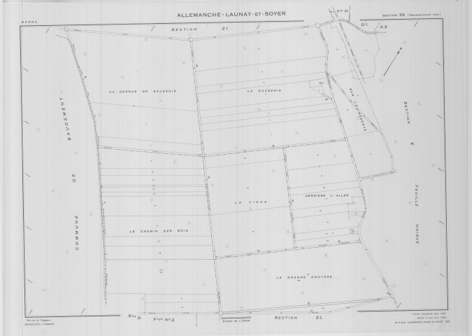 Allemanche-Launay-et-Soyer (51004). Section ZK 2 échelle 1/2000, plan remembré pour 01/01/1993, plan régulier de qualité P5.